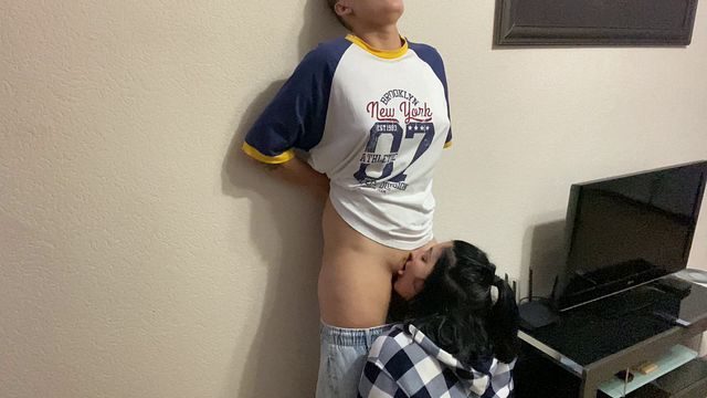 Licking my stepsister's lesbian pussy on my knees