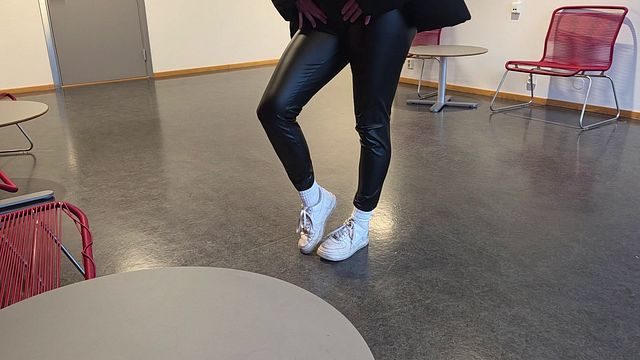 Horny Student Flashing Pussy and Fucking at University in Leather pants